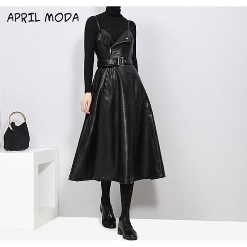 2021 Retro England Style Woman Faux Leather Black Midi Sexy Sleeveless PU Dress Belt A-Line Spaghetti Strap Elegant Party Dress
