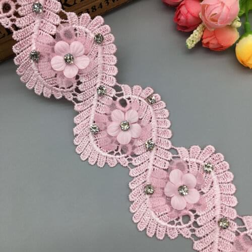 1 yard 6CM Pink Centipedes Pearl Rhinestones Lace Trim Ribbon Fabric Embroidered Applique Patchwork DIY Wedding Sewing Craft