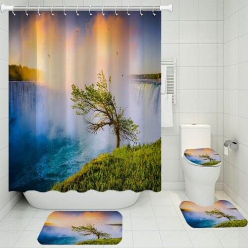 3/4 Pieces Waterfall Shower Curtains Sets Beautiful Scenery Carpet 3D Print Home Bathroom Set Toilet Mat Carpet U-shaped Pad