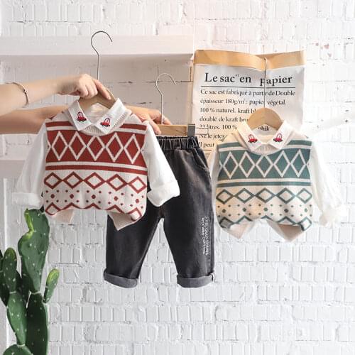 2021 New Children Cotton Clothing Suits Baby Boys Girls Cartoon Sweater Vest shirt Jeans Pants 3Pcs/Set Spring Autumn Kids Sport