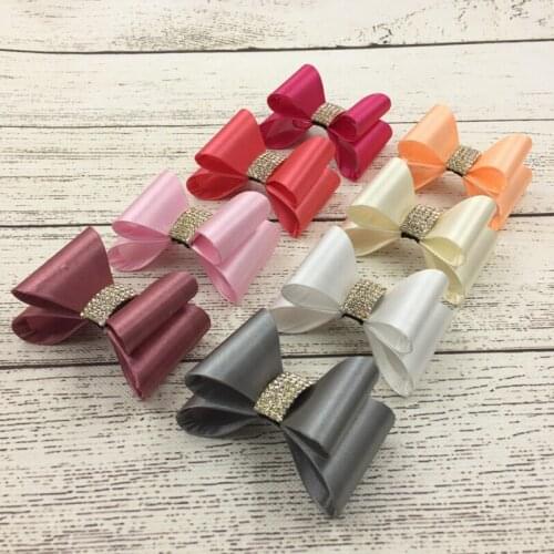30pcs/lot 3.2" 8colors Newborn Luxe Flower Bows With Rhinestone Button Handmade Hard Satin Bow For Kids Girls Hair Accessories