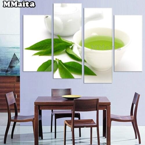5D DIY diamond painting embroidery Wall art 4 pieces of green tea diamond painting all square round diamond decor art GG208