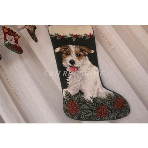 Free Shipping Christmas Needlepoint Socks Hand knotted Merry Christmas Stocking Sock Cute Dogs Design Stocking Socks 28X43CM