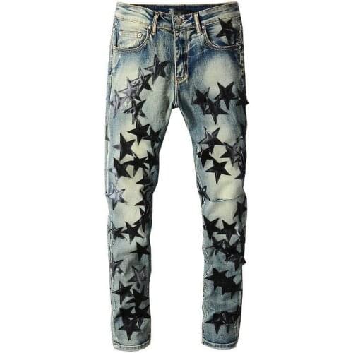 Black Star Pattern Patch Street Mens Motorcycle Pants Punk Denim Long Pants Hip Hop Jeans Men Pantalon Homme Trendy Mens Jeans