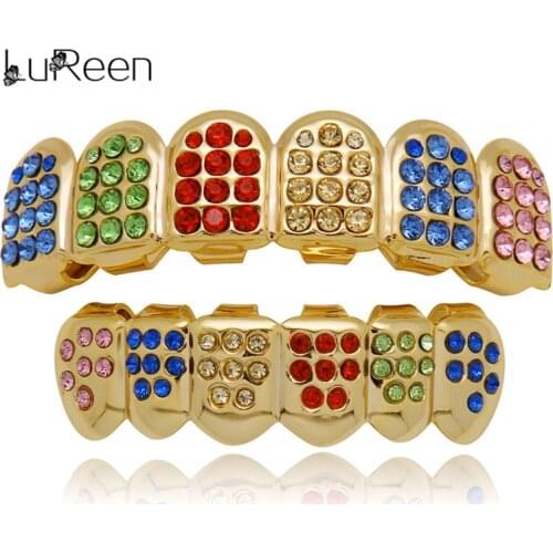 LuReen Colorful Crystal Teeth Grillz Top Bottom CZ Gold Grills Dental Hip Hop Halloween Teeth Caps Grill Mouth Body Jewelry