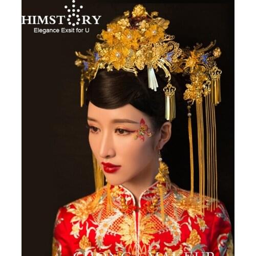 HIMSTORY Vintage Chinese Wedding Hair Accessories Jewelry Gold Color Long Tassel Phonix Princess Hairpins Hair Accessories
