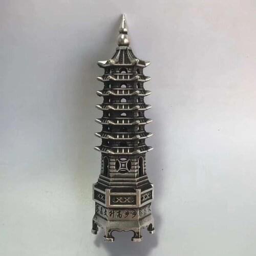 Collectible Old Handwork Tibet silver Carved luck Wenchang pagoda Statue