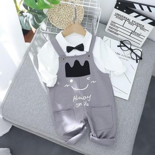 Baby Boys Clothing Set Spring Autumn New Kids Cute Fashion Bow White Shirt+Crown Print Suspenders Newborn Boys Party Outfits