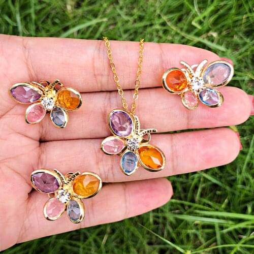 SAY 1Set Colorful Crystal Rhinestones Butterfly Collar Necklace Pendant Stud Earrings серьги Cuff Ring Jewelry Set For Woman