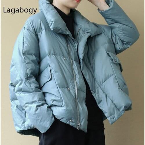 Lagabogy 2021 New Winter Women Short Down Coat 90% White Duck Down Jacket Female Casual Loose Warm Parka Snow Outwear