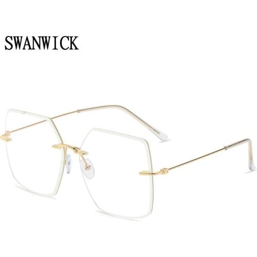 Swanwick mens square glasses big spectacle frame women blue light blocking glasses rimless metal eyewear clear lens gold black