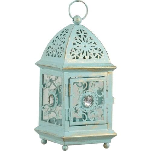 Small Size Moroccan Style Antique and Blue Gold with Clear Acrylic Jeweled Wedding Table Center Pieces Decor Iron Candle Lantern