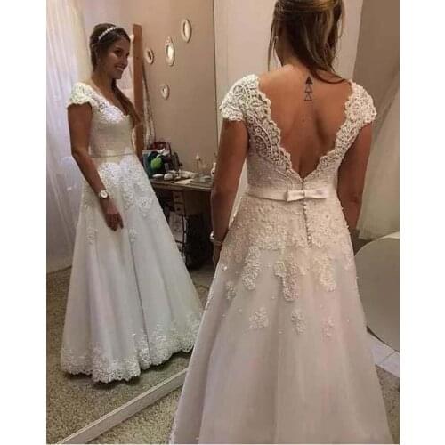 Charming A Line Wedding Dresses With Appliques Beaded V Neck Bow Sash Floor Length Wedding Bridal Gowns Custom Made