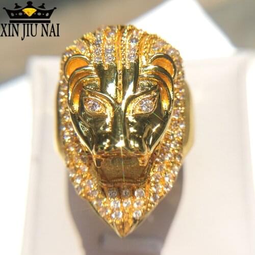 Punk Gothic Domineering Jewelry Rhinestone Iced Bling Lion Head Mens Ring 18KGold Titanium Stainless Steel Rings for Men Jewelry