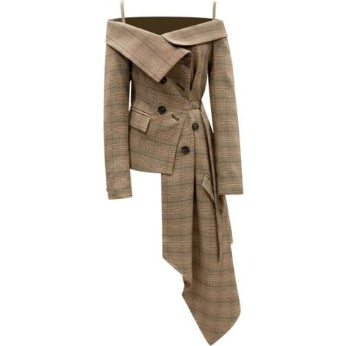 High Quality Size S-XXL Women Sexy Off-the-Shoulder Double Breasted Plaid Print Asymmetrical Jacket Autumn Stylish Coats