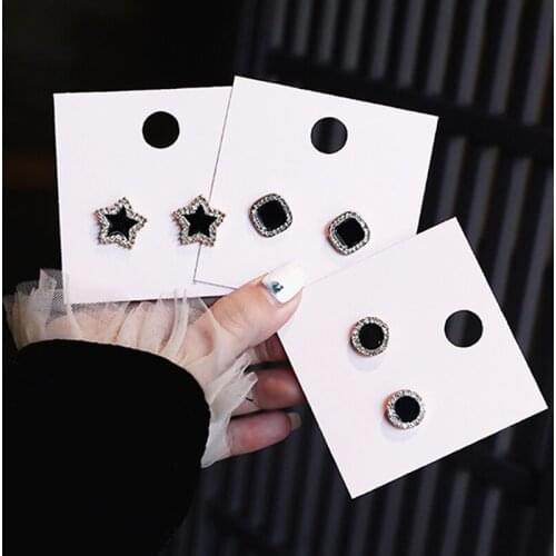 New Black Star Square Round Earring For Women Crystal Stud Earrings Statement Jewelry Fashion Wedding Jewelry Wholesale