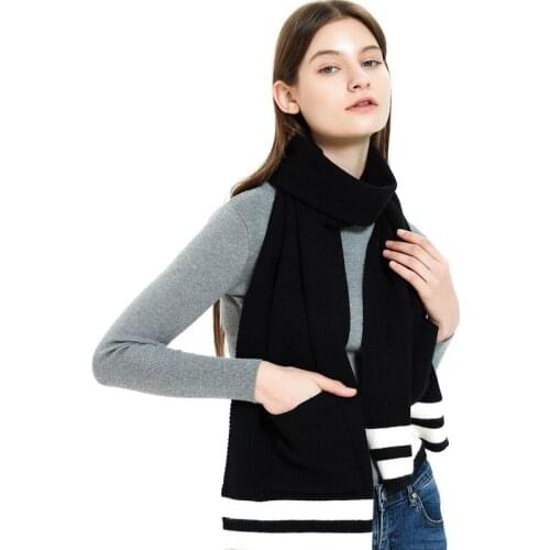 High Quality Knitted Black Winter Scarf Women Fashion Luxury Brand Long Wool Thick Bib Shawl Scarves With Pocket