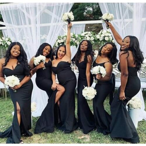 Sexy Long Satin Mermaid Black Bridesmaid Dresses Custom V-Neck Lace Up Side Slit Formal Wedding Party Dresses