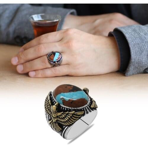 Tesbihane Eagle Design Natural Arizona Turquoise Gemstone 925 Sterling Silver Men 'S Ring