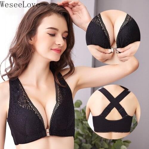 WeseeLove 75-120 Push Up Lace Women Bra Plus Size Sexy Bra For Women Front Buckle Beauty Back Underwear Gathered Lingerie