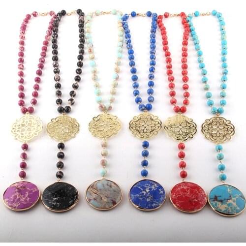 Fashion Bohemian Jewelry Multi Color Stones Rosary Chain Metal Link Stone Pendant Necklaces For Women Ethnic Necklace