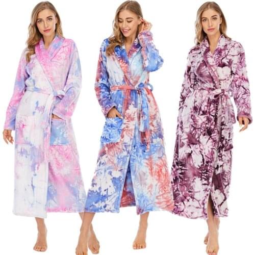 Witbuy Winter Night Wear Women Robe Flannel Home Coat With Pocket Soft Thick Bathrobe With Belt Long Sleeve NightGown Pajamas