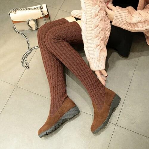 Low Heels Winter Warm Sock Boots Shoes Woman Black Gray Stretch Fabric Shoes Wool Knitting Cow Split Over-the-knee Boots Flats
