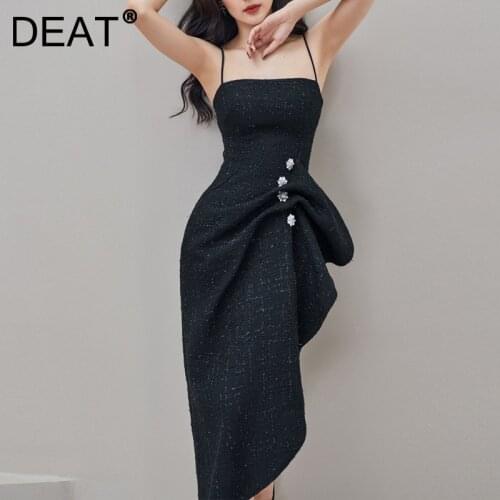 DEAT Woman Midi Dress Asymmetric Diamonds Button Spaghetti Strap High Waist Vintage Style Sling Dresses 2021 New Summer 15XM407