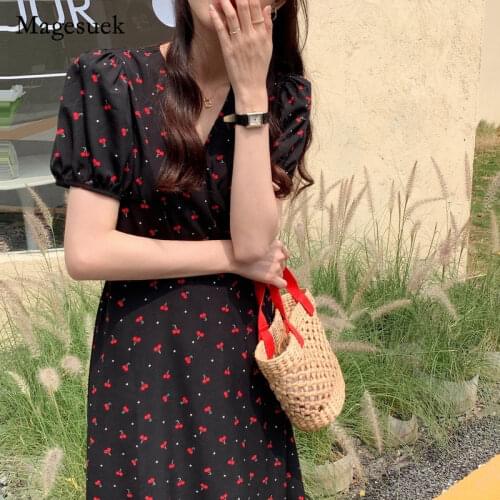 Summer 2021 French Women Chiffon Dress V-neck Print Cherry Black Dress for Women Elegant Sweet Office Lady Dress Vestido 14756