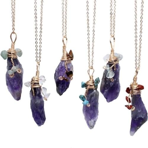 10 Pcs Rose Gold Colors Irregular Shape Amethysts Stone Pendant Link Chain Necklace with Small Gravel Jewelry