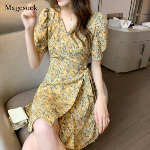 2021 New Summer Retro Women Dress Print V-neck Belt Cotton Dress for Women Sweet French Slim A-line Short Sleeve Vestido 15205