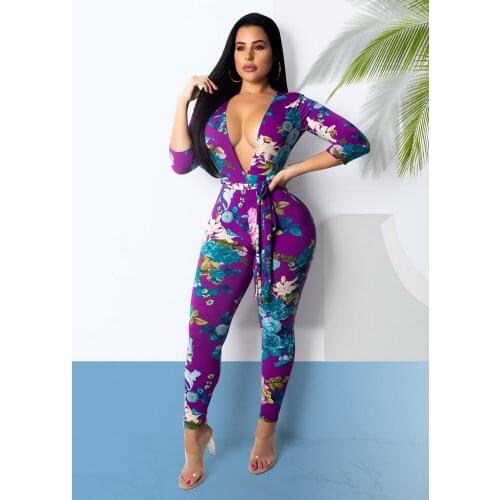 OKAYOASIS Free Shipping Newly Arrival Women Deep-Veck Printing Casual Jumpsuit Bodycon Rompers Overalls