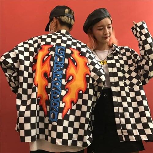 Blouse women Couple coat Hip hop street Black and white grid plus size loose Flame letter print female male long sleeve shirt
