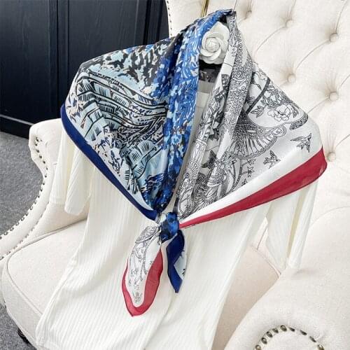 90*90cm Design Scarves for Women Shawl Print Silk Feeling Hijab Scarf Neckerchief Female Bandana Square Foulard Ladies Wrap 2021