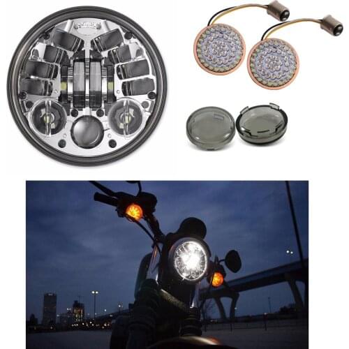 5.75" Motorcycle Headlight LED Projection Lamp With Turn Signal + Smoked Bullet Front Turn Signal for