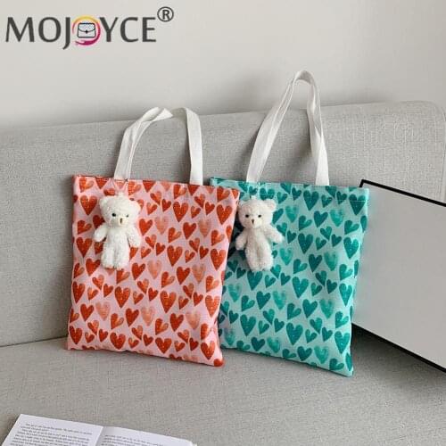 Canvas Love Printing Tote Handbags Fashion Women Shoulder Bag with Bear Pendant Leisure Eco Bag Large Capacity Tote Handbag
