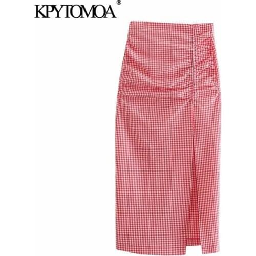 KPYTOMOA Women 2021 Chic Fashion With Elastic Gathered Check Slit Midi Skirt Vintage High Waist Back Zipper Female Skirts Mujer