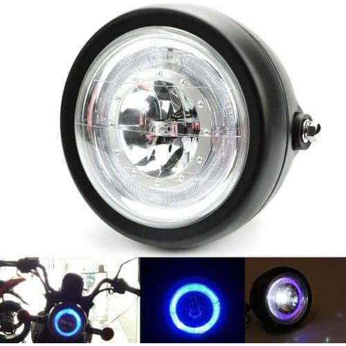 Motorcycle Blue Angel Eye Halo Ring LED 6 1/2 inch Headlight Black for Bobber