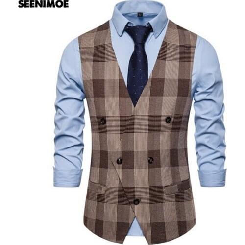 SEENIMOE Mens Wedding Waistcoat Casual Striped Double Breasted Irregular Buttons Waistcoat M-3XL Formal Blazer Vest Suit
