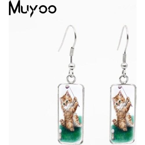 New Arrival Painting Cartoon Funny Cats Cute Kitten Playing Golf Rectangle Fish Hook Earrings Jewelry Dangles