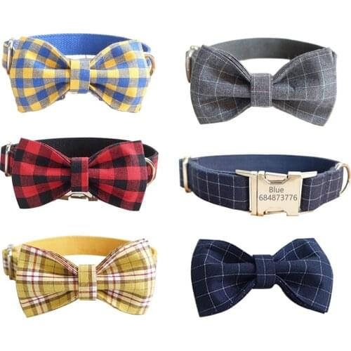 Personalized Dog Collar with Bow tie Plaid Pet Necklace Customized Engraving ID Tag Nameplate Collars for Small Medium Large Dog
