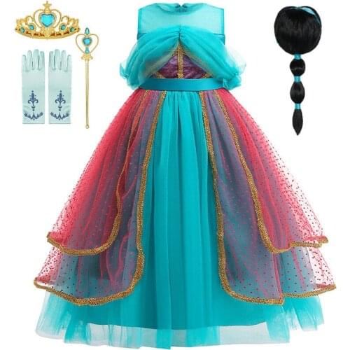 Girls Jasmine Dress Kids Flower Printed Arabian Princess Costume Children Halloween Cosplay Fancy Dresses Girls Sleeveless Dress