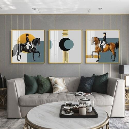 Simple Nordic beauty horse equestrian geometric shape gold leaf porch murals poster print canvas decorative painting