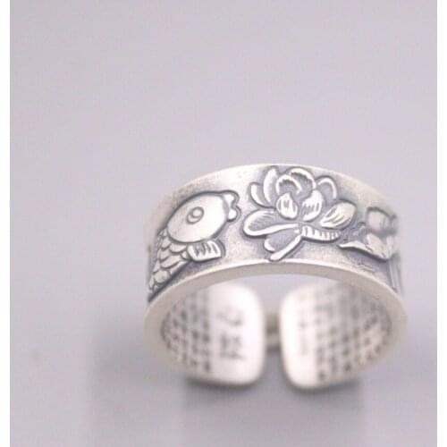 S999 Fine Silver Ring Women Men Luck Lotus Flower Fish with Heart Stura Pattern Ring Open Size 10mmW