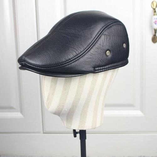 Mens Genuine Leather Cap New Fall Winter Leisure Visor Hat Middle-aged Elderly Males Sheepskin High Quality Warm Hats H6968