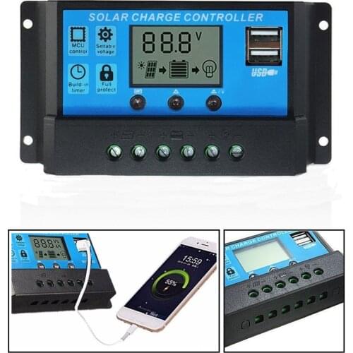 PWM 10/20/30A Solar Charge Controller 12V 24V LCD Display Dual USB Solar Panel Charge Regulator Solar Energy System