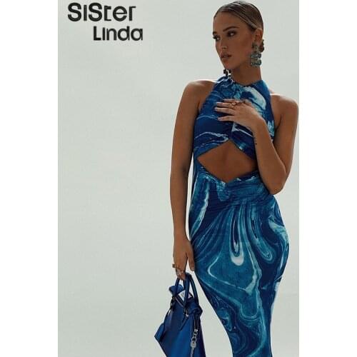 Sisterlinda Summer Printing Party Evening Mermaid Dress Women Sleeveless Backless Beach Vacation Lady Party Ruched Long Dresses