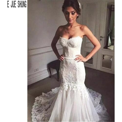 E JUE SHUNG Modern Mermaid Wedding Dress Strapless Sexy See Through Back Button robe de marieeLong Bridal Gowns Lace Applique