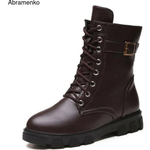 Women Lace Up Martin Boots Army Military Ankle Punk Motorcycle Boots Round Toe Ladies Black PU Leather Boots Shoes Size 35-39