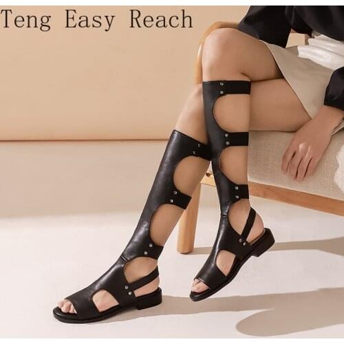 Ladies Genuine Leather Low Heels Knee High Boots Spring Summer Peep Toe Long Boots Shoes Femme Casual Sandals Thigh High Boots